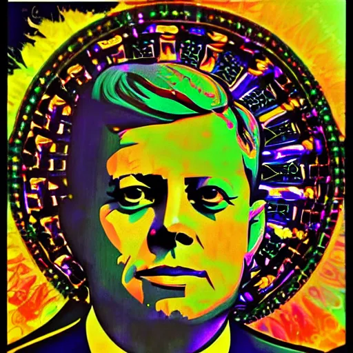 Image similar to JFK, psychedelic, blacklight digital art, Alphonse Mucha