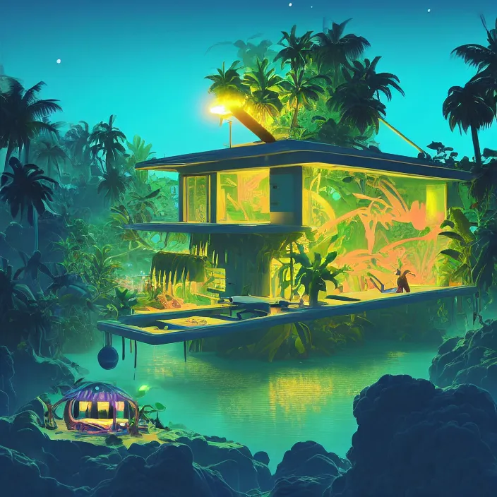 Image similar to a bioluminescent tropical cottage by paolo eleuteri serpieri and tomer hanuka and chesley bonestell and daniel merriam and tomokazu matsuyama, unreal engine, high resolution render, featured on artstation, octane, 8 k, highly intricate details, vivid colors, vector illustration