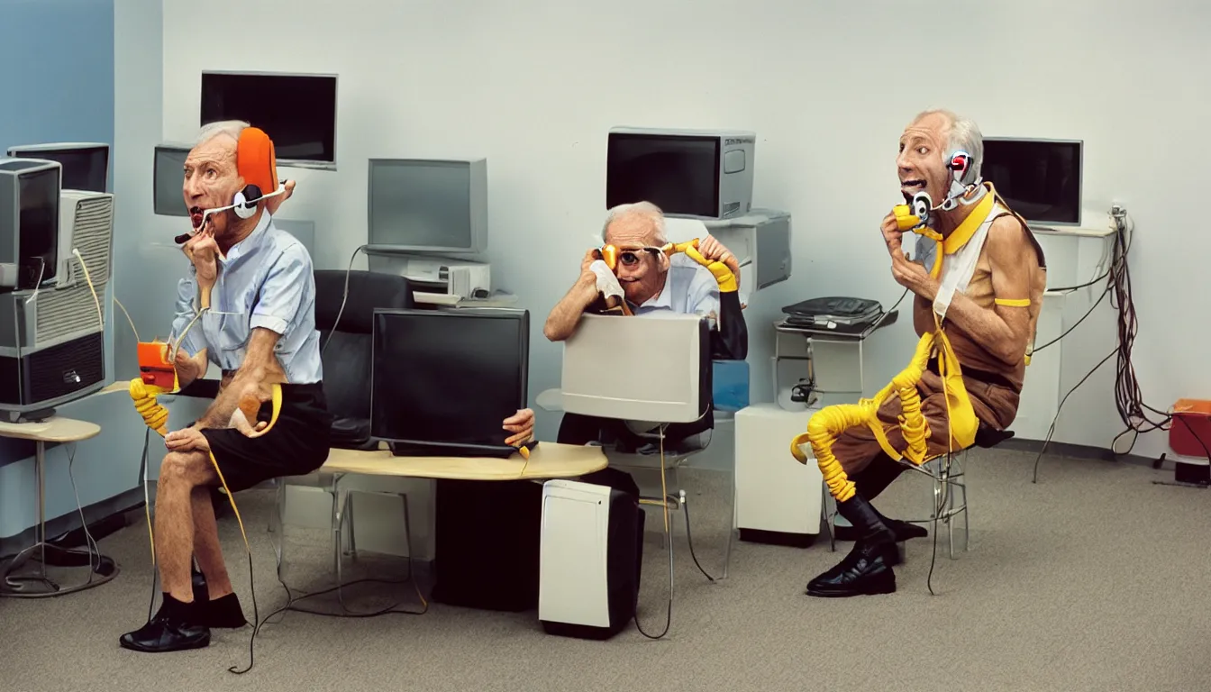 Image similar to In an call centre office, A skinny old Man with a old television strapped to his back ,flexible industrial pipes join his ears and mouth to the television, fibres trial on the floor , full colour ,4k ,Kodak portra 400