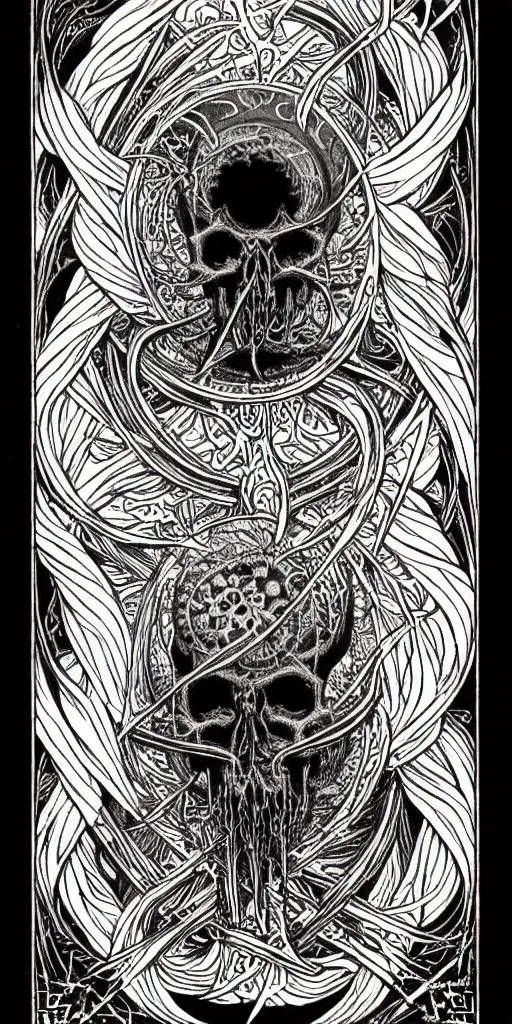 Image similar to a beautiful ombre skullpunk fractal tarot card featuring bold occult imagery with clean lines. haeckel. detailed adult coloring book