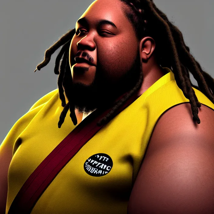 Image similar to hyperrealistic mixed media portrait of an overweight black man with dreads wearing a gi, doing martial arts, 8 k octane beautifully detailed render, post - processing, extremely hyperdetailed, trending on artstation