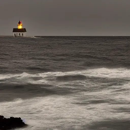 Prompt: stormy ocean at midnight, dark storm clouds overhead, lighthouse in the background concealed by fog