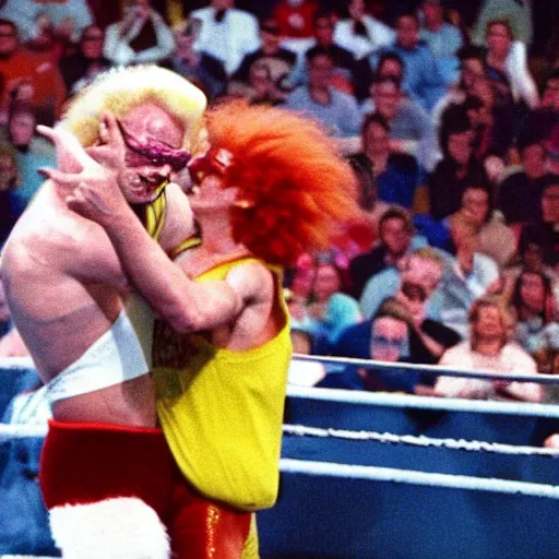 Prompt: A 1990s still of Ronald McDonald and Colonel Sanders wrestling in WWE