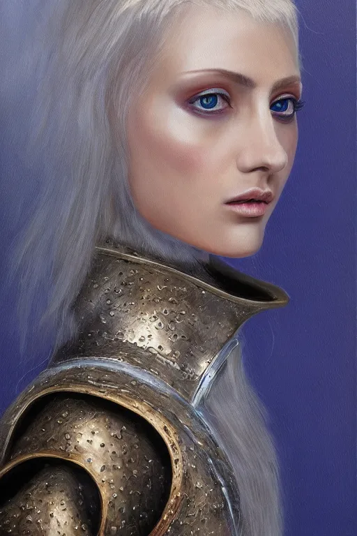 Image similar to hyperrealism oil painting, close - up portrait of european medieval blond fashion model, knight, steel gradient mixed with nebula sky, in style of baroque