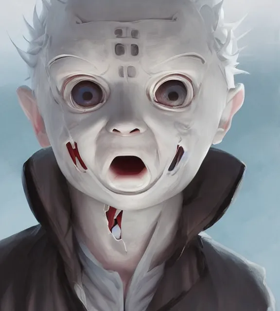 Image similar to cute little boy with white hair anime character inspired by jason voorhees, art by rossdraws, wlop, ilya kuvshinov, artgem lau, sakimichan, jakub rebelka and makoto shinkai, anatomically correct, extremely coherent, highly detailed, sharp focus, slasher movies, smooth, red lighting, very realistic, symmetrical