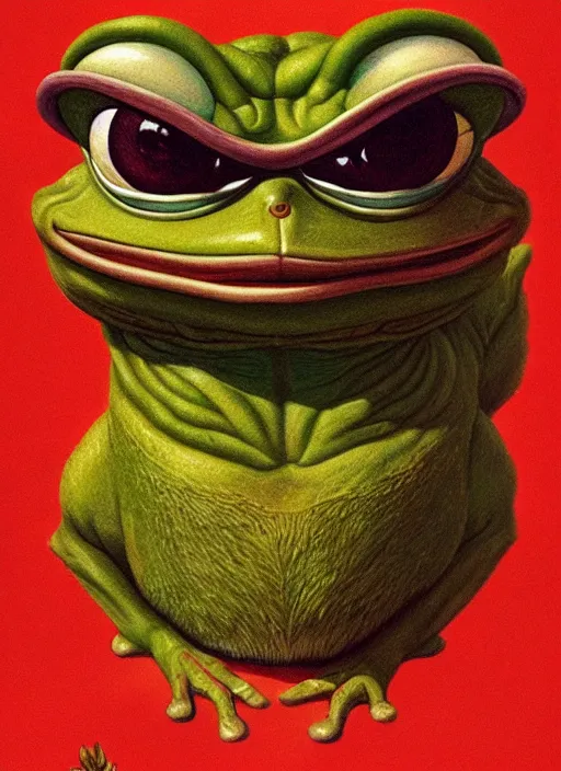 Image similar to portrait of Pepe the Frog, highly detailed, centered, solid color background, digital painting, artstation, concept art, smooth, sharp focus, vintage grainy 1970s illustration, Basil Gogos, donato giancola, Joseph Christian Leyendecker, Les Edwards, Ed Repka, Wayne Barlowe,