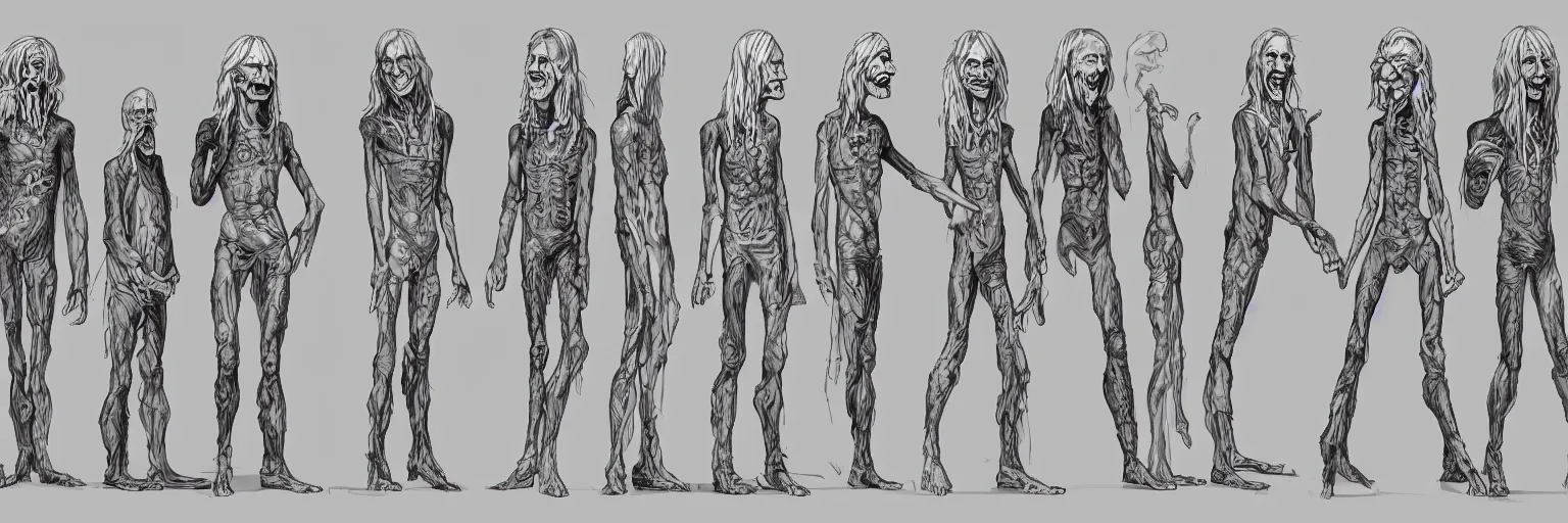 Image similar to character study of daevid allen and iggy pop, clear faces, wild, crazy, character sheet, fine details, concept design, contrast, kim jung gi, pixar and da vinci, trending on artstation, 8 k, full body and head, turnaround, front view, back view, ultra wide angle