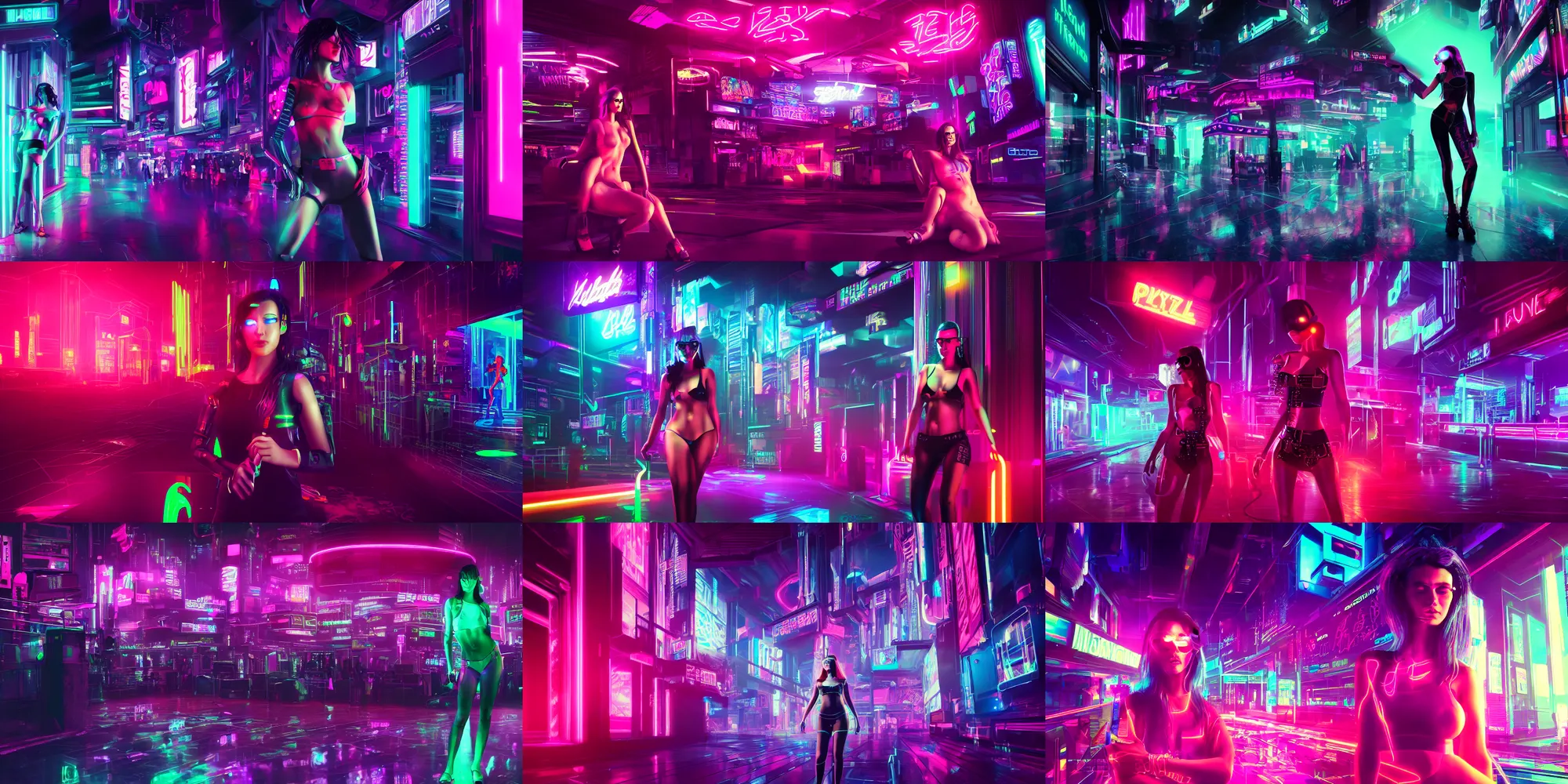 Prompt: Cyberpunk girl inside a bustling neon nightclub, highly detailed digital art, 8k Octane