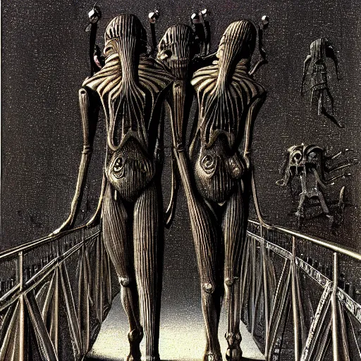 Image similar to a couple of humans walking across a metallic bridge, by h. r. giger