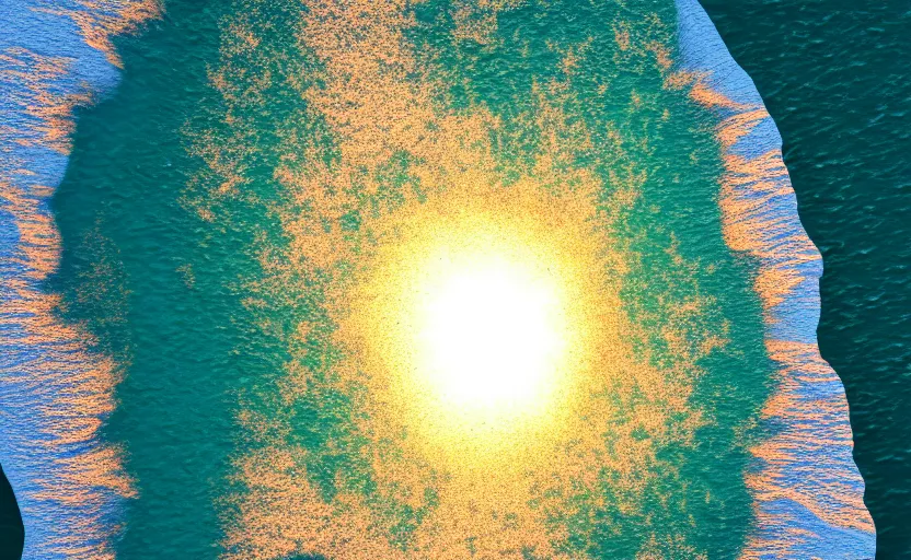 Image similar to top view on ocean waves at sunset, global illumination, highly detailed, 8 k