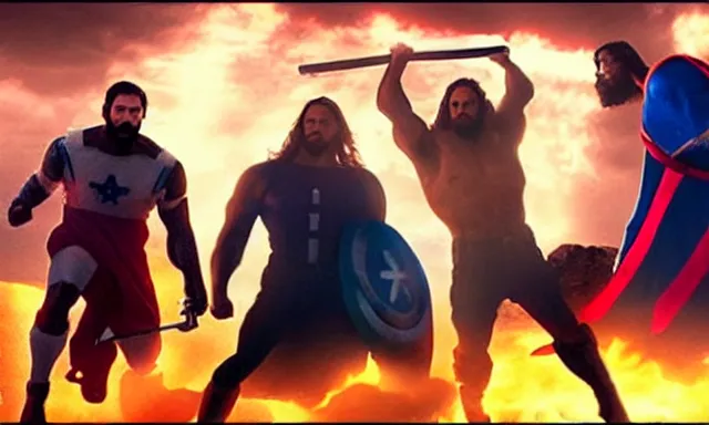 Image similar to jesus christ fighting alongside the avengers, using his cross as weapon, photorealistic, cinematic lighting, extremely detailed, marvel cinematic universe