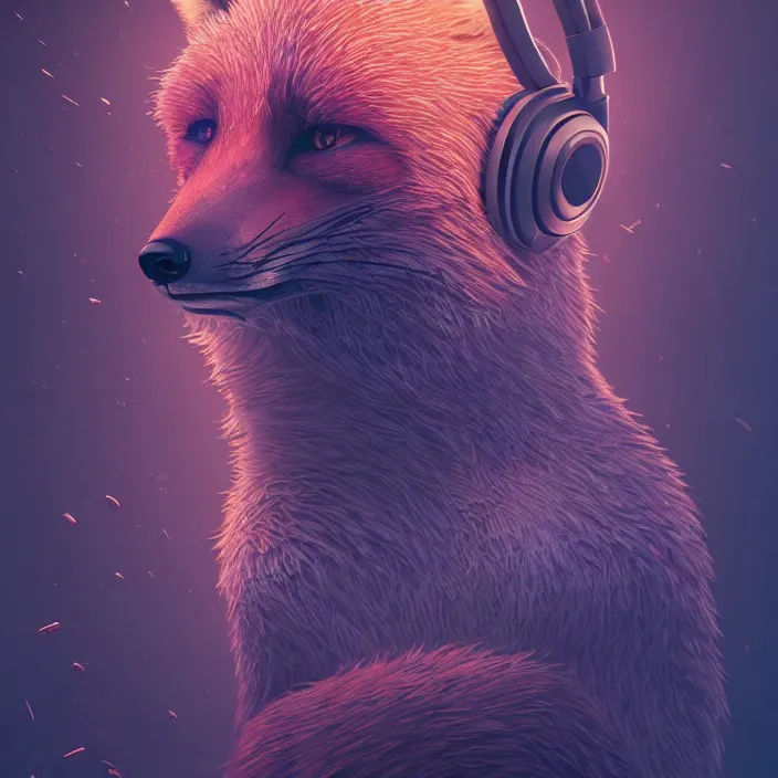 Prompt: fox with headphones, HD, 4K, intricate abstract. intricate artwork. by Tooth Wu, wlop, beeple, dan mumford, octane render, trending on artstation, greg rutkowski very coherent symmetrical artwork. cinematic, hyper realism, high detail, octane render, 8k, iridescent accents