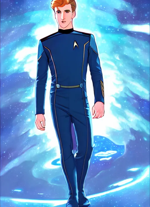 Image similar to cute star trek officer jack laugher, natural lighting, path traced, highly detailed, high quality, digital painting, by don bluth and ross tran and studio ghibli and alphonse mucha, artgerm