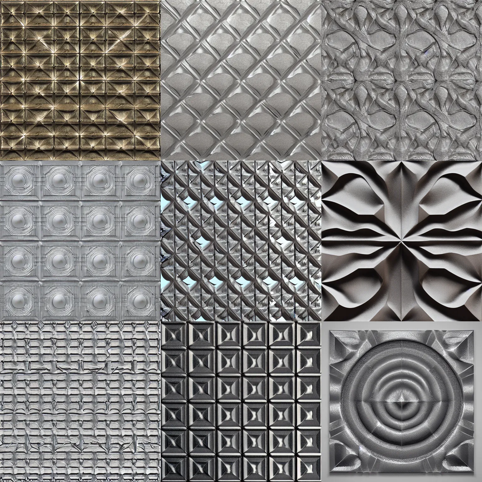 Prompt: embossed metal ceiling texture, square spiral, brutalist, recursive, 3d render, seamless texture