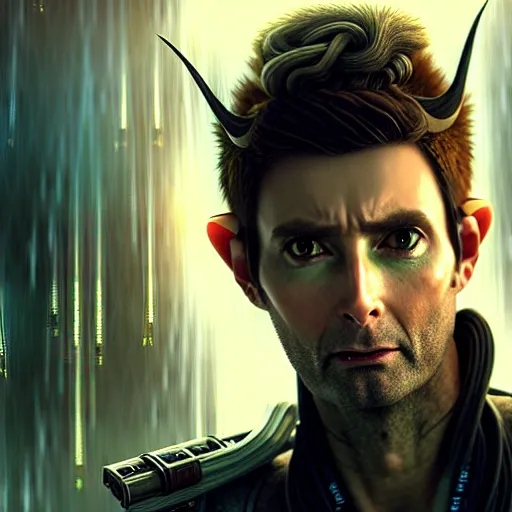 Image similar to portrait painting of a cyberpunk elven cyborg david tennant with thin pointy ears, ultra realistic, concept art, intricate details, eerie, highly detailed, photorealistic, octane render, 8 k, unreal engine. art by artgerm and greg rutkowski and charlie bowater and magali villeneuve and alphonse mucha