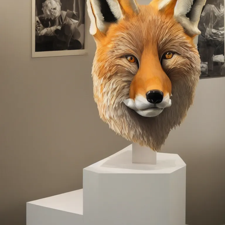 Image similar to hyperrealistic sculpture of a giant fox head on a pedestal by ron mueck and duane hanson and damien hirst, hyperrealistic dramatic lighting trending on artstation 8 k