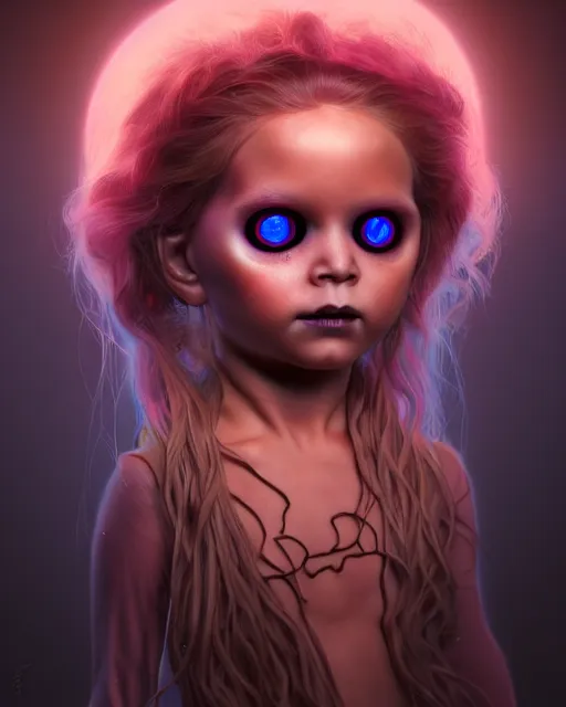 Image similar to one singular portrait of a bioluminescent spooky child doll with big glowing eyes, highly detailed, digital painting, cinematic, hyper realism, dark retrowave, art by Stanley Lau and Artgerm and magali villeneuve and Alphonse Mucha, artstation, octane render, cgsociety