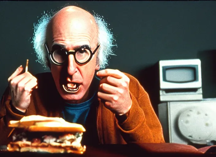 Image similar to a scene from 1 9 8 2 the thing larry david eating a sandwich, vhs distortion, cathode ray tube distortion, folk horror, hauntology, 8 k, 8 5 mm f 1. 8, studio lighting, rim light, right side key light