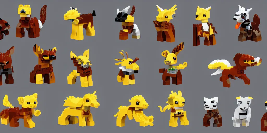 Prompt: small animals made of two or three lego bricks, four legged, quadrupedal, cute looking, kawaii, sharp focus, character sheet, game concept art, blocky, lego mixels