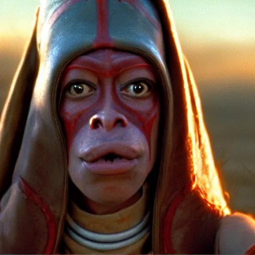 Image similar to film still of jar jar binks as a female cowgirl, long eyeslashes, big juicy lips, big seductive eyes