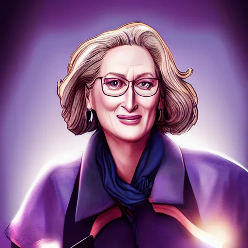 Image similar to meryl streep portrait, borderlands, tales from the borderlands, the wolf among us, comic, cinematic lighting, studio quality, 8 k