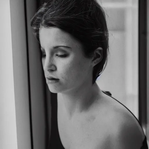 Image similar to black and white fashion photograph highly detailed portrait of a depressed beautiful 35 years old model woman standing by the window, natural light, lomo, fashion photography, film grain, soft vignette, sigma 85mm f/1.4 1/10 sec shutter