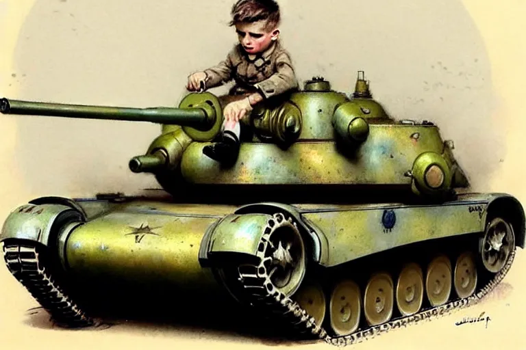 Image similar to (((((1950s boy and his toy retro army tank . muted colors.))))) by Jean-Baptiste Monge !!!!!!!!!!!!!!!!!!!!!!!!!!!