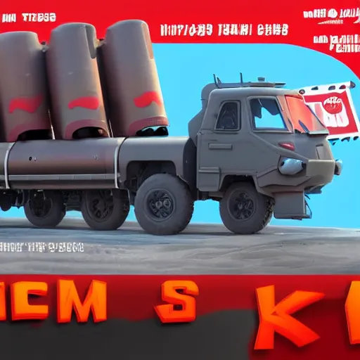 Prompt: HIMARS multiple rocket launcher system stylized caricature in Big Hero 6 (2014), animated cinematography 3D CGI movie