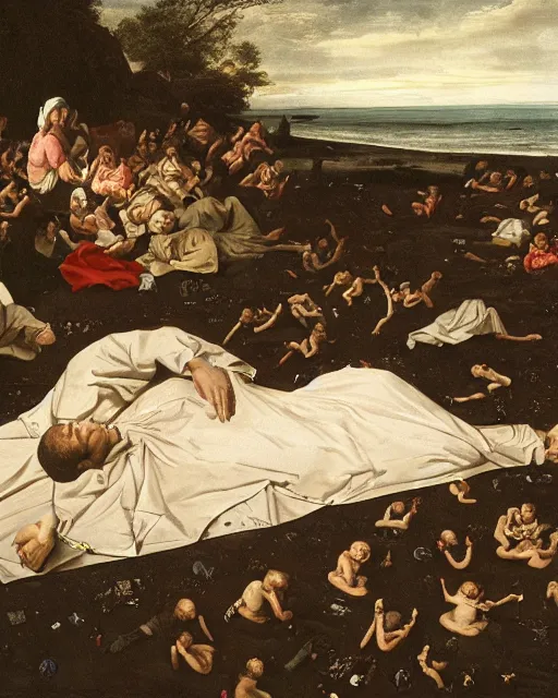 Prompt: photos of a gigantic, thousand foot long, man lying unconscious on a beach surrounded by thousands of tiny onlookers. he is wearing clothes from the 1 7 th century. cinematic and atmospheric