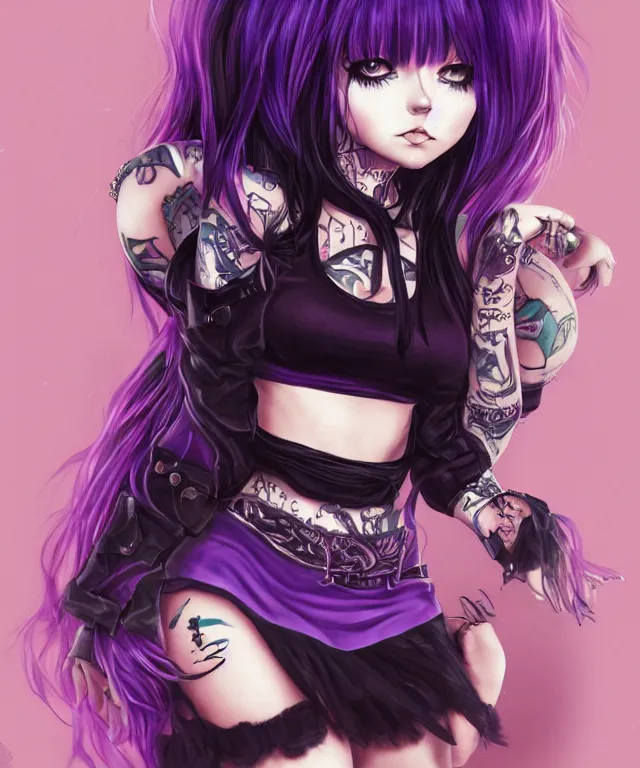 Image similar to kerli koiv anime goth girl with tattoos purple hair in mini skirt and crop top intricate, full body, extremely detailed, artstation, 8 k, sensual lighting, incredible art, wlop, artgerm