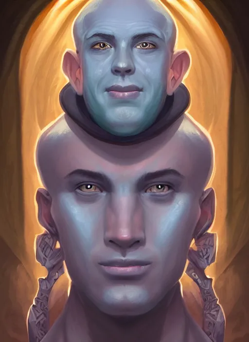 Prompt: head-on symmetrical centered painted portrait, a smiling bald and clean shaven with smooth skin androgynous man with completely blue skin in his twenties as a D&D wizard, fantasy, intricate, elegant, highly detailed, digital painting, smooth, sharp focus, illustration, artstation, in the style of Artgerm and Anna Podedworna and Charlie Bowater and Michael Garmash