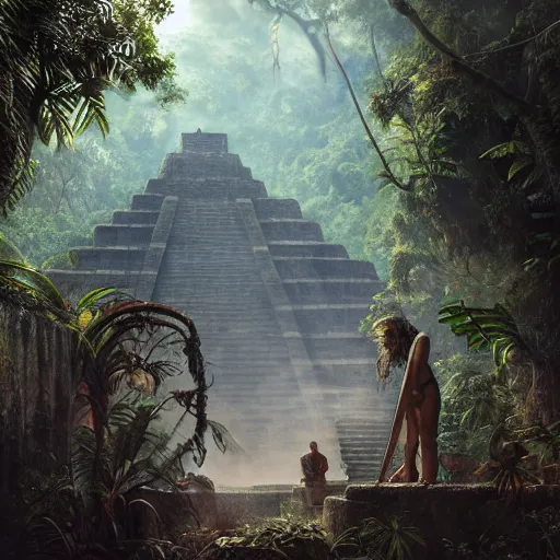 Image similar to mayan temple in the jungle, jaguar priest, by tom bagshaw, by gaston bussiere, sunlit, mist, octane render