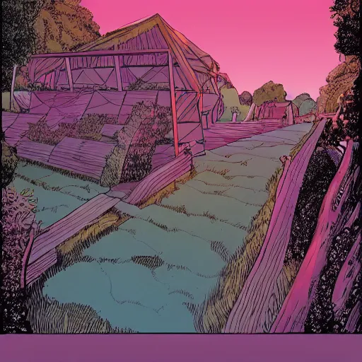 Image similar to polygon, ligne claire art of a sparse village intertwined with nature, by Moebius, bright colors, Eisner award-winning spread