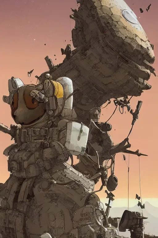 Image similar to anthropomorphic rodent with white and black ancestral ornate japanese tactical gear on an abandonment desert planet, long shot, rule of thirds, golden ratio, graphic novel by fiona staples and dustin nguyen, by beaststars and orange, peter elson, alan bean, studio ghibli, makoto shinkai