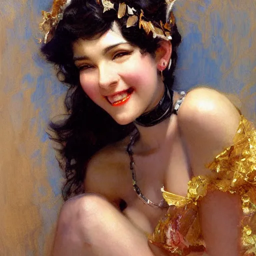 Prompt: a high fashion studio portrait of a smiling charming anime girl, black hair, painting by gaston bussiere, craig mullins, j. c. leyendecker