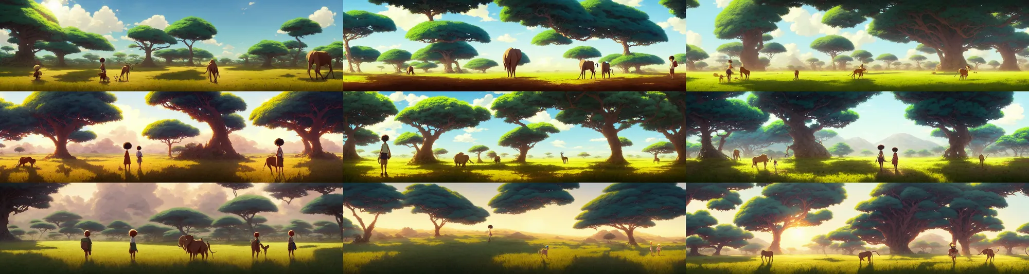 Prompt: a wholesome animation key shot of a cute empty africa landscape, studio ghibli, pixar and disney animation, sharp, rendered in gouache painting, anime key art by greg rutkowski, bloom, dramatic, dynamic lighting