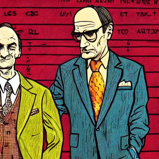 Image similar to The Artwork of R. Crumb and his Cheap Suit Saul-Goodman-Better-Call-Saul, pencil and colored marker artwork, trailer-trash lifestyle