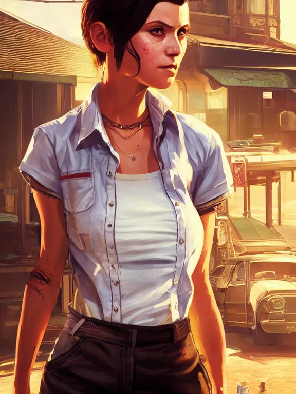 Prompt: portrait of a young female waitress from grand theft auto 5, art by ryo shiotani and greg rutkowski, intricate, beautiful, cute, cinematic lighting, vintage art by serge ivanoff, high resolution, very detailed