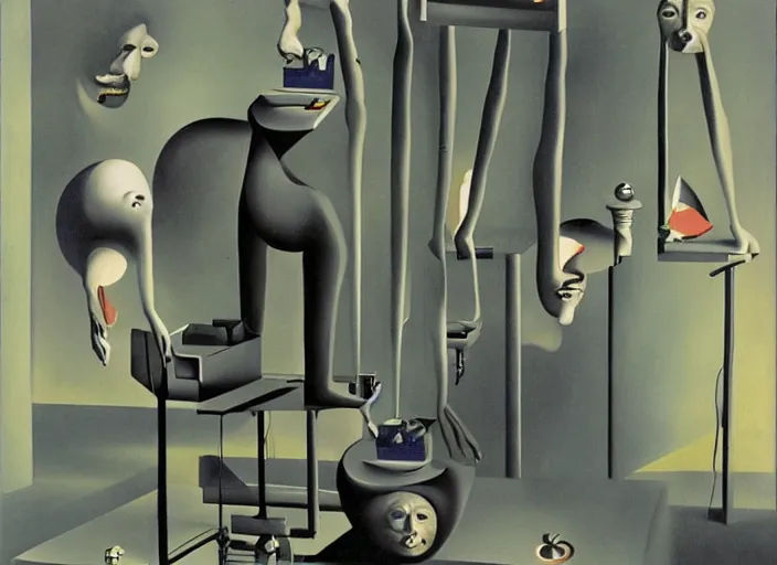 Image similar to strange machine making copies of weird small beings by salvadore dali and rene magritte