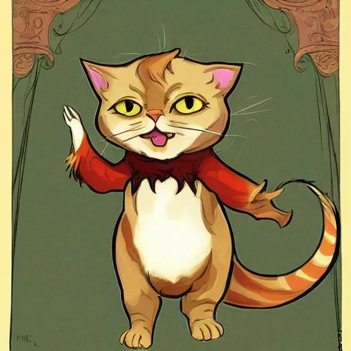 Prompt: a wizard cat is laughing as a small cat, dynamic pose, medium level shot, comedy, fantasy, illustration, mucha style,