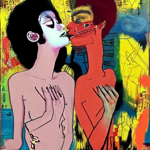 Image similar to beautiful painting of two bizarre psychedelic women kissing each other closeup in japan, speculative evolution, mixed media collage by basquiat and junji ito, magazine collage art, paper collage art, sapphic art, lesbian art