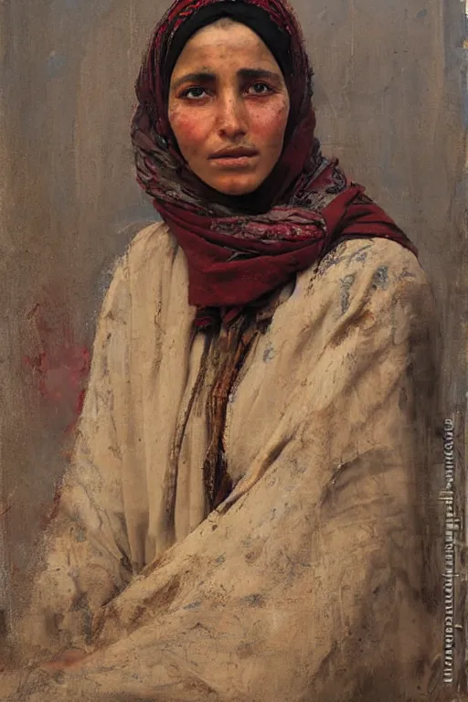 Image similar to Richard Schmid and Jeremy Lipking and Antonio Rotta full length portrait painting of a young beautiful traditonal berber woman from north africa