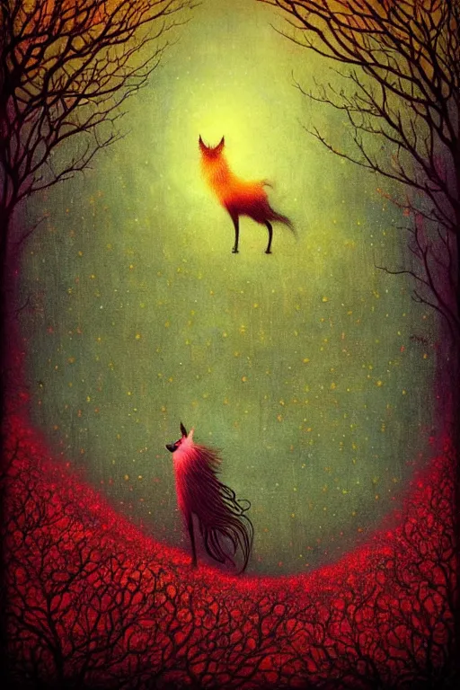 Prompt: surreal, fantasy, fairytale animals, flowerpunk, mysterious, vivid autumn colors, by andy kehoe