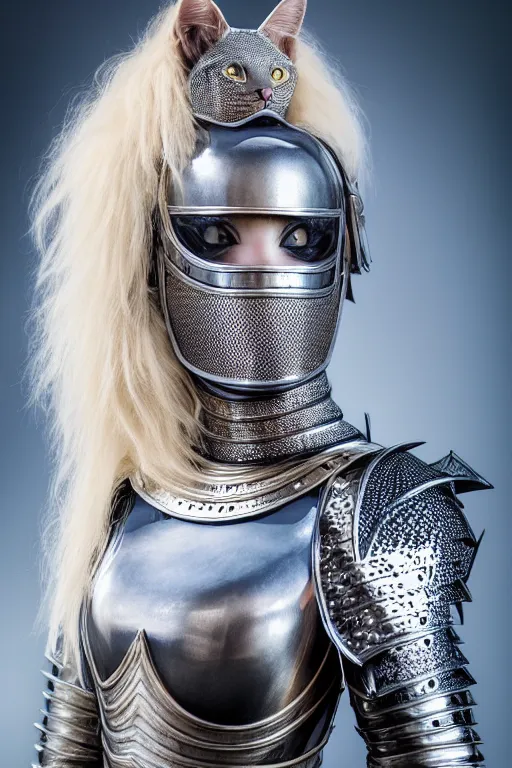 Image similar to female knight wearing a real cat on her head, armor designed by wayne barlowe, swarovski and tiffany, blonde hair, symmetry, sci - fi, cinematic, elegant, luxury, perfect light, perfect composition, dlsr photography, sharp focus, dark fantasy, 8 k, ultra hd, sense of awe, highly detailed, realistic, intricate