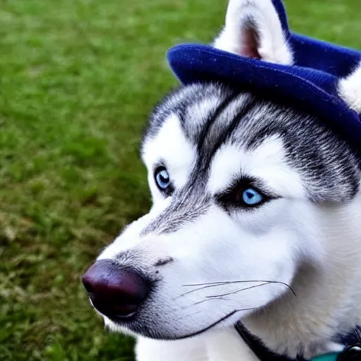 Prompt: A photo of a Husky dog wearing a hat