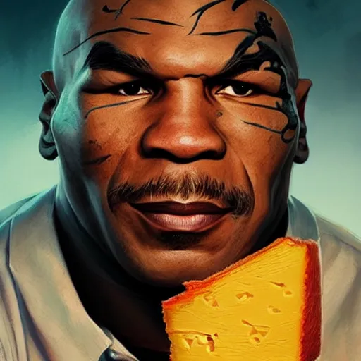 Image similar to beautiful portrait photo of mike tyson in a war with scarlett johansson and her cheddar cheese, 85mm, attractive features, details, sharp focus, illustration, by Jordan Grimmer and greg rutkowski, Trending artstation, pixiv, digital Art