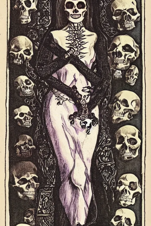 Image similar to tarot card of several skulls and bones with a young woman wearing a long dress stuck in the middle