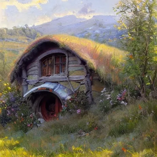 Prompt: Richard Schmid and Jeremy Lipking full length portrait painting of a cozy hobbit house in the shire