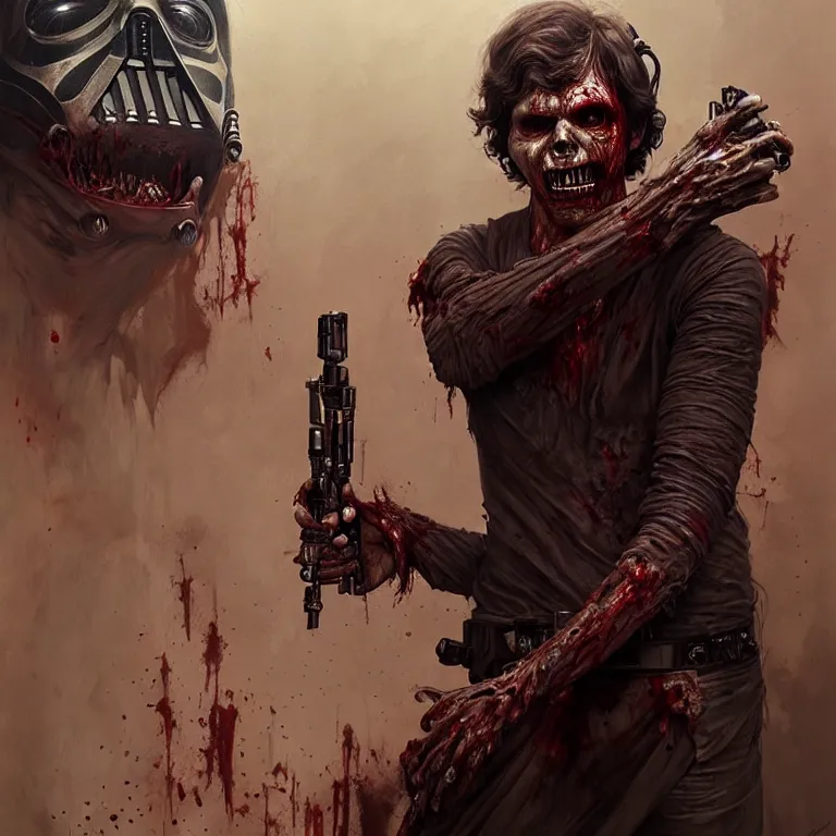 Image similar to scary horrific star wars, zombie han solo, dark fantasy, body horror, sores and scars, undead. highly detailed, biopunk, digital painting, by greg rutkowski, artgerm and alphonse mucha