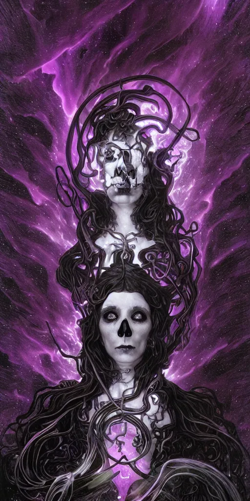 Image similar to intense glowing black metal pagan god with tentacles and intense black eyes with a skull in very dark purple cosmic space nebula by karol bak and alphonse mucha and artgerm, portrait, fantasy, clear, light beams, lens flare, soft, uhd, amazing depth, cinematic lighting, violet and magenta and black and white and metallic silver